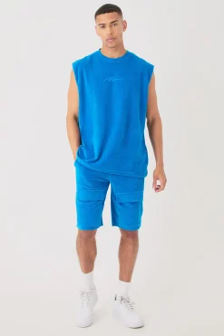 boohooMAN Man Velour Oversized Tank & Pocket Shorts Set | UK| Tracksuits