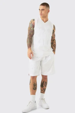 Mesh And Satin Basketball Applique Vest And Short Set | UK^boohooMAN Outlet