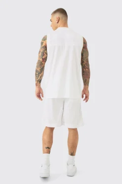 Mesh And Satin Basketball Applique Vest And Short Set | UK^boohooMAN Outlet