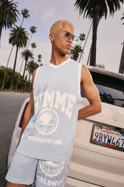 Mesh High Build Print & Side Panel Mesh Varsity Vest | UK^boohooMAN Outlet