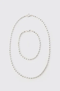 boohooMAN Metal Bead Necklace & Bracelet 2 Pack In | UK| Jewellery & Watches