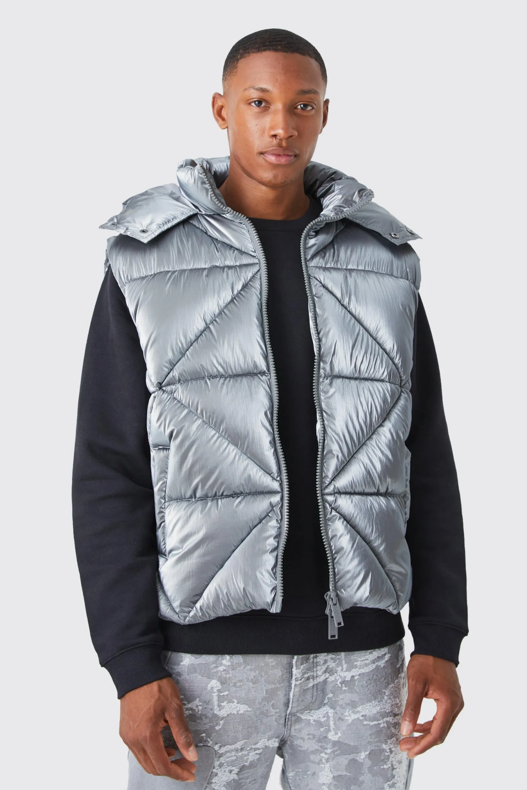 boohooMAN Metallic Quilted Gilet With Hood | UK| Coats & Jackets