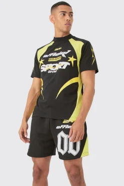 boohooMAN Moto Puff Print T-shirt & Short Set | UK| Sets & Co-Ords|Tracksuits