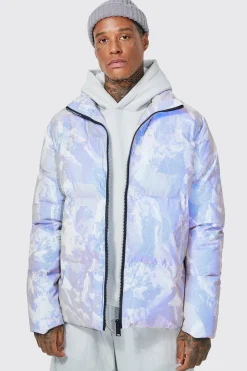 boohooMAN Mountain Reflective Print Funnel Neck Puffer | UK| Coats & Jackets