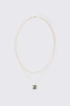 boohooMAN Multi Layer Chain Necklace With Blue Gem Stone Pendant | UK| Jewellery & Watches