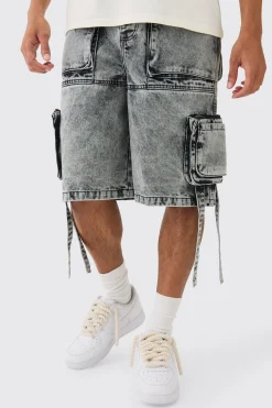 boohooMAN Multi Pocket Cargo Strap Denim Jorts In | UK| Shorts
