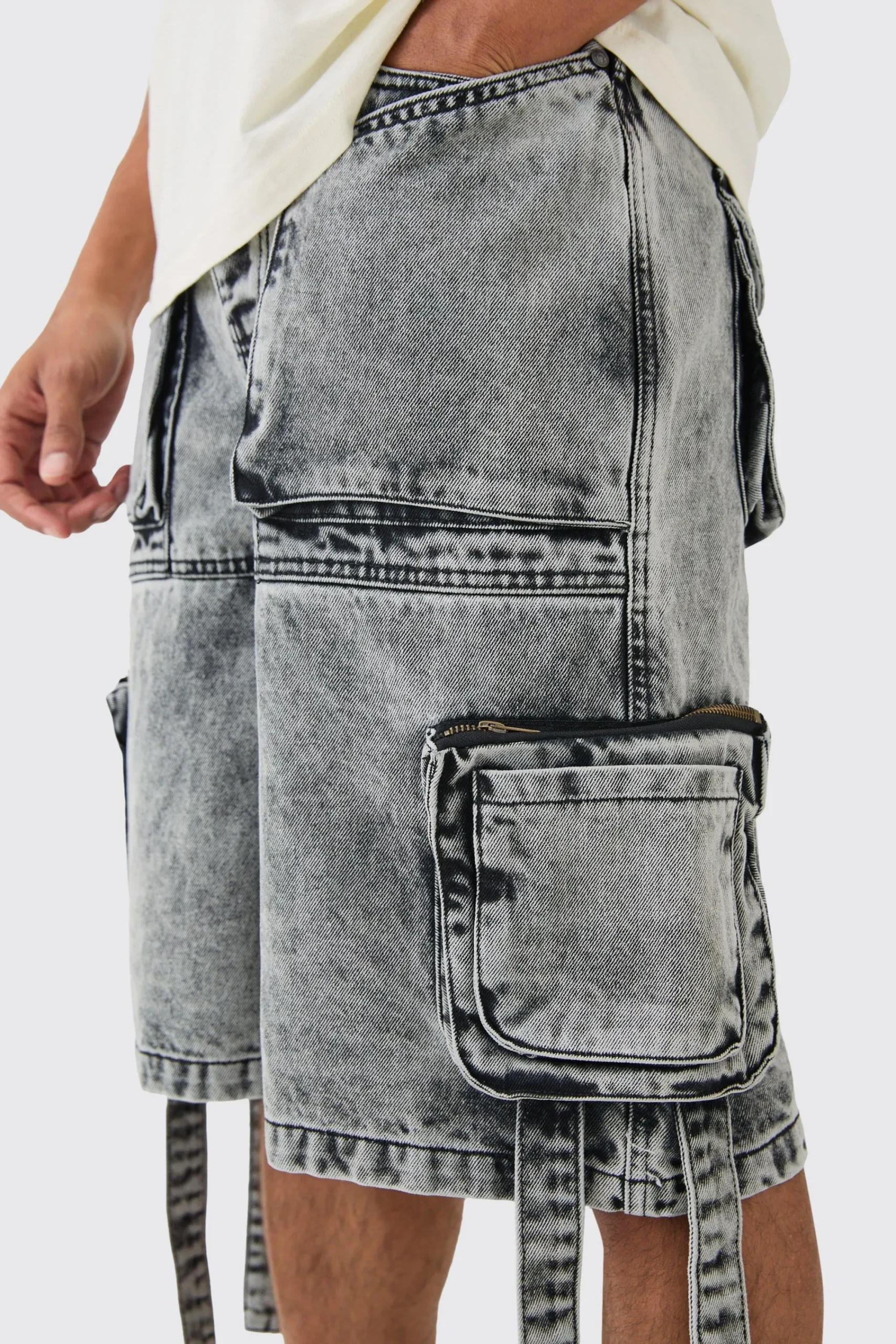 boohooMAN Multi Pocket Cargo Strap Denim Jorts In | UK| Shorts