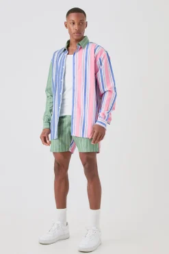 boohooMAN Spliced Pinstripe Branded Waistband Short Set | UK| Sets & Co-Ords