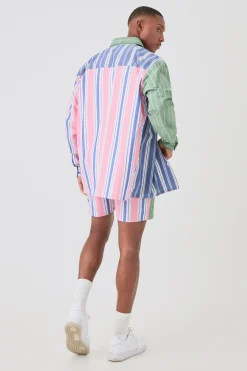 boohooMAN Spliced Pinstripe Branded Waistband Short Set | UK| Sets & Co-Ords