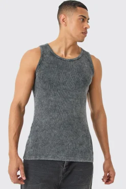 Muscle Fit Acid Wash Ribbed Vest | UK^boohooMAN Hot