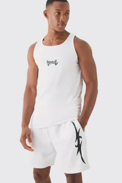 Muscle Fit Graphic Official Vest & Shorts Set | UK^boohooMAN