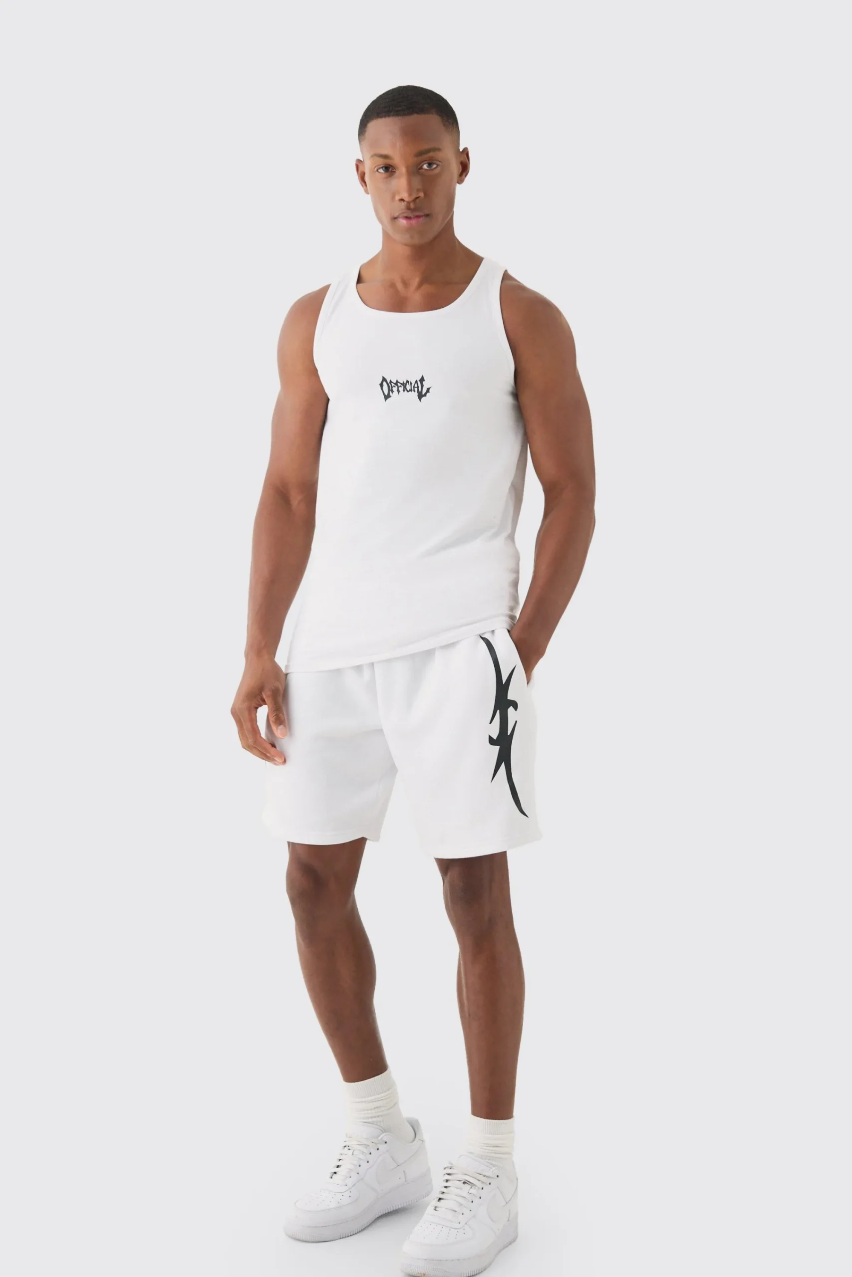 Muscle Fit Graphic Official Vest & Shorts Set | UK^boohooMAN
