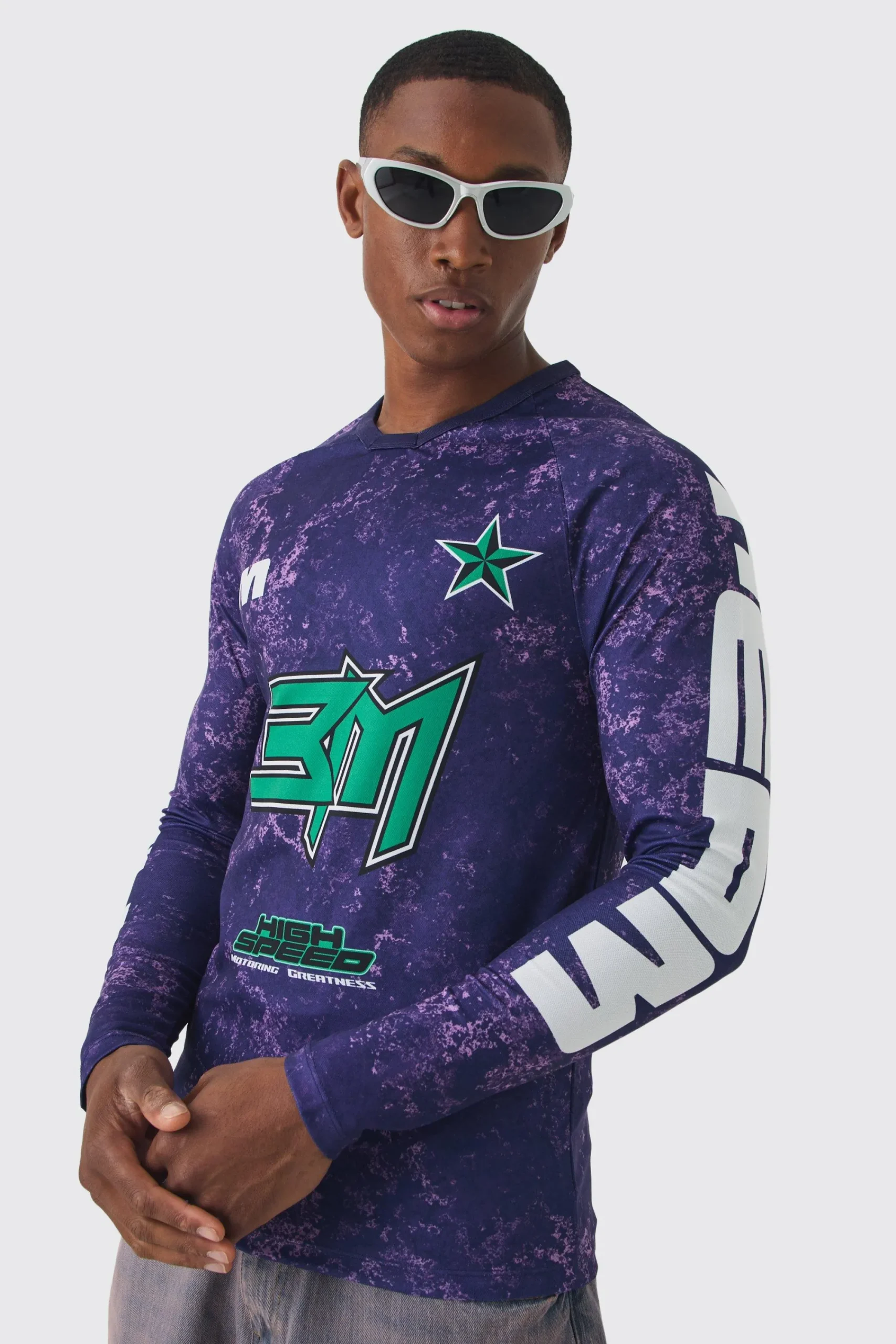 Muscle Fit Motorsport BHM Printed Long Sleeve Top | UK^boohooMAN Best