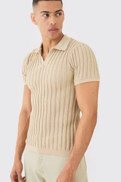 boohooMAN Muscle Fit Revere Ribbed Knit Polo | UK| Knitwear