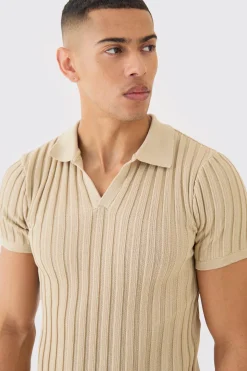 boohooMAN Muscle Fit Revere Ribbed Knit Polo | UK| Knitwear