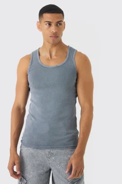 Muscle Fit Ribbed Acid Wash Vest | UK^boohooMAN Discount