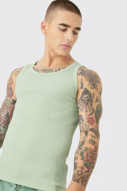Muscle Fit Ribbed Vest | UK^boohooMAN Sale