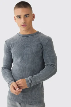 Muscle Fit Washed Rib Long Sleeve Man Embroidered T-shirt | UK^boohooMAN Discount