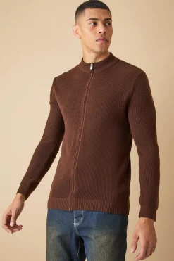 boohooMAN Muscle Fit Zip Through Rib Knit Jacket | UK| Coats & Jackets