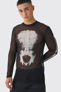 Muscle Mesh Skeleton Print Long Sleeve T-Shirt | UK^boohooMAN Sale