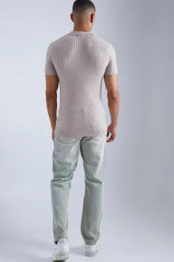 boohooMAN Muscle Short Sleeve Cable Polo | UK| Knitwear