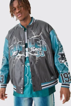 boohooMAN Nfl Eagles Oversized Varsity Pu Applique Jacket | UK| Coats & Jackets