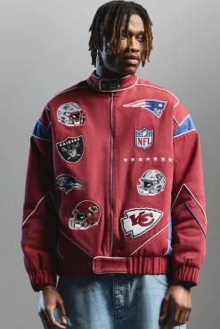 boohooMAN Nfl Oversized Moto Pu Jacket With Applique Badges | UK| Coats & Jackets