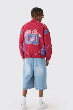 boohooMAN Nfl Oversized Moto Pu Jacket With Applique Badges | UK| Coats & Jackets