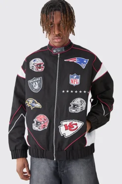 boohooMAN Nfl Oversized Moto Pu Jacket With Applique Badges | UK| Coats & Jackets