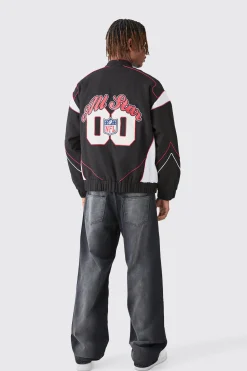 boohooMAN Nfl Oversized Moto Pu Jacket With Applique Badges | UK| Coats & Jackets