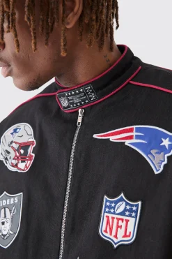 boohooMAN Nfl Oversized Moto Pu Jacket With Applique Badges | UK| Coats & Jackets