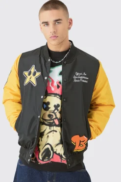 boohooMAN Nylon Embroidered Varsity Jacket In | UK| Coats & Jackets