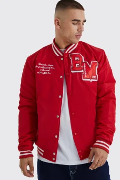 boohooMAN Nylon Varsity Jacket With Badges | UK| Coats & Jackets
