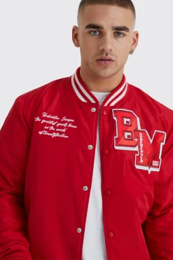 boohooMAN Nylon Varsity Jacket With Badges | UK| Coats & Jackets
