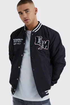boohooMAN Nylon Varsity Jacket With Badges | UK| Coats & Jackets