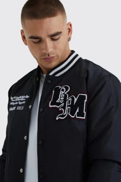 boohooMAN Nylon Varsity Jacket With Badges | UK| Coats & Jackets
