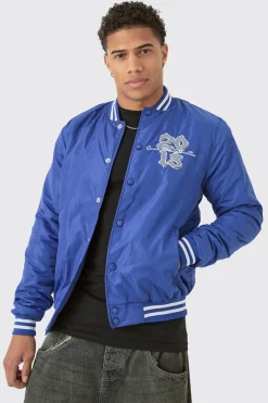 boohooMAN Official Badge Nylon Varsity Bomber Jacket In | UK| Coats & Jackets