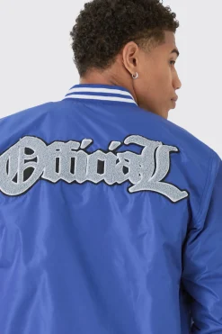 boohooMAN Official Badge Nylon Varsity Bomber Jacket In | UK| Coats & Jackets