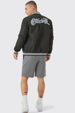 boohooMAN Official Badge Nylon Varsity Bomber Jacket In | UK| Coats & Jackets