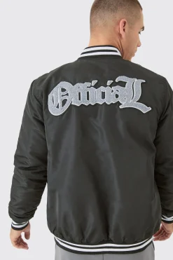 boohooMAN Official Badge Nylon Varsity Bomber Jacket In | UK| Coats & Jackets