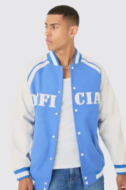 boohooMAN Official Badge Raglan PU Sleeve Varsity Jacket In | UK| Coats & Jackets