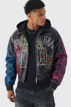 boohooMAN Official Man Boxy Hooded Embroidered PU Bomber Jacket | UK| Coats & Jackets