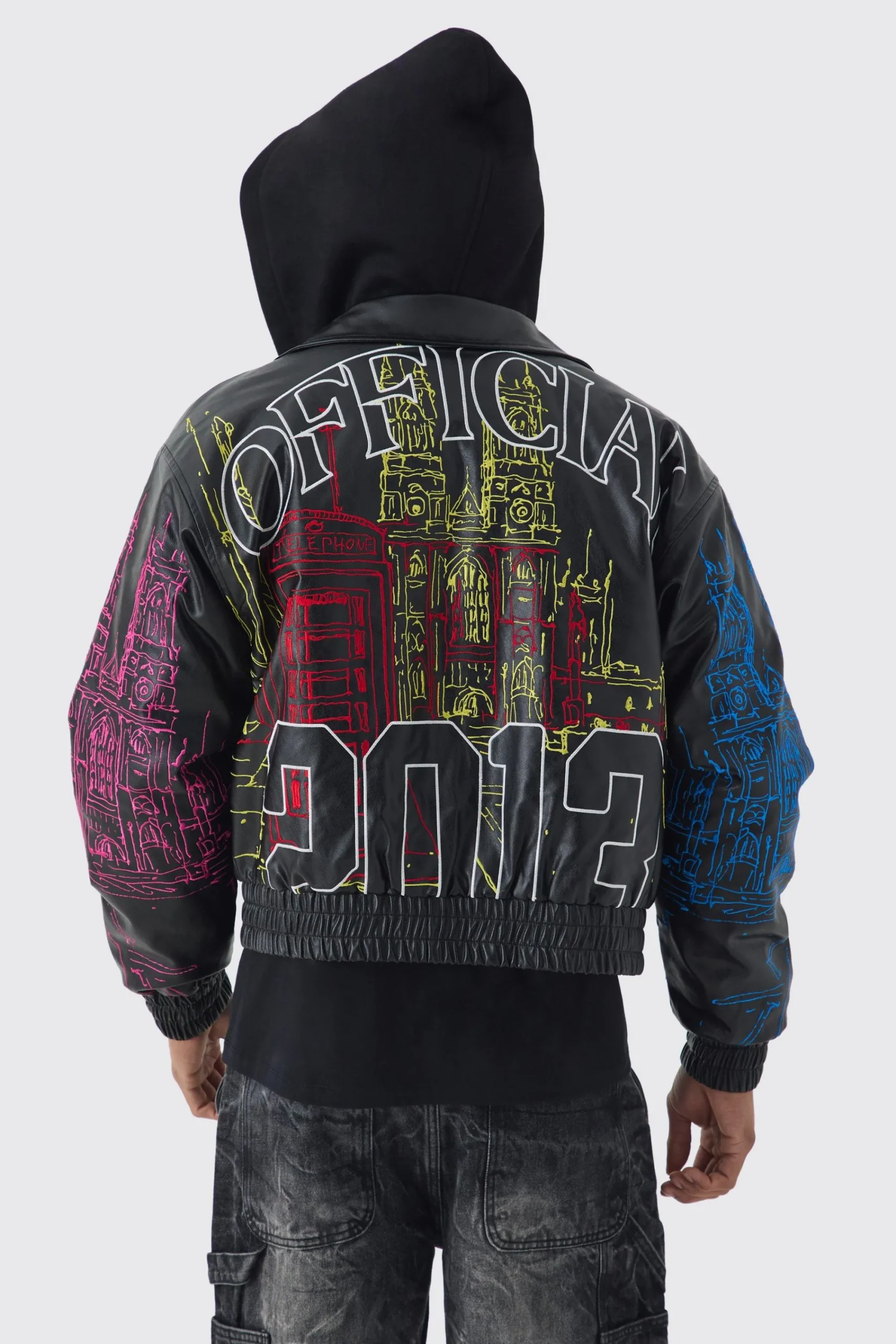 boohooMAN Official Man Boxy Hooded Embroidered PU Bomber Jacket | UK| Coats & Jackets