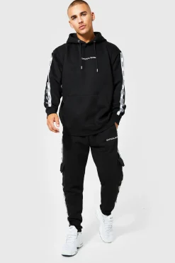 boohooMAN Official Man Tape Cargo Hooded Tracksuit | UK| Tracksuits