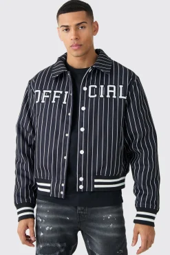 boohooMAN Official Pinstripe Varsity Bomber | UK| Coats & Jackets