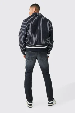 boohooMAN Official Pinstripe Varsity Bomber | UK| Coats & Jackets