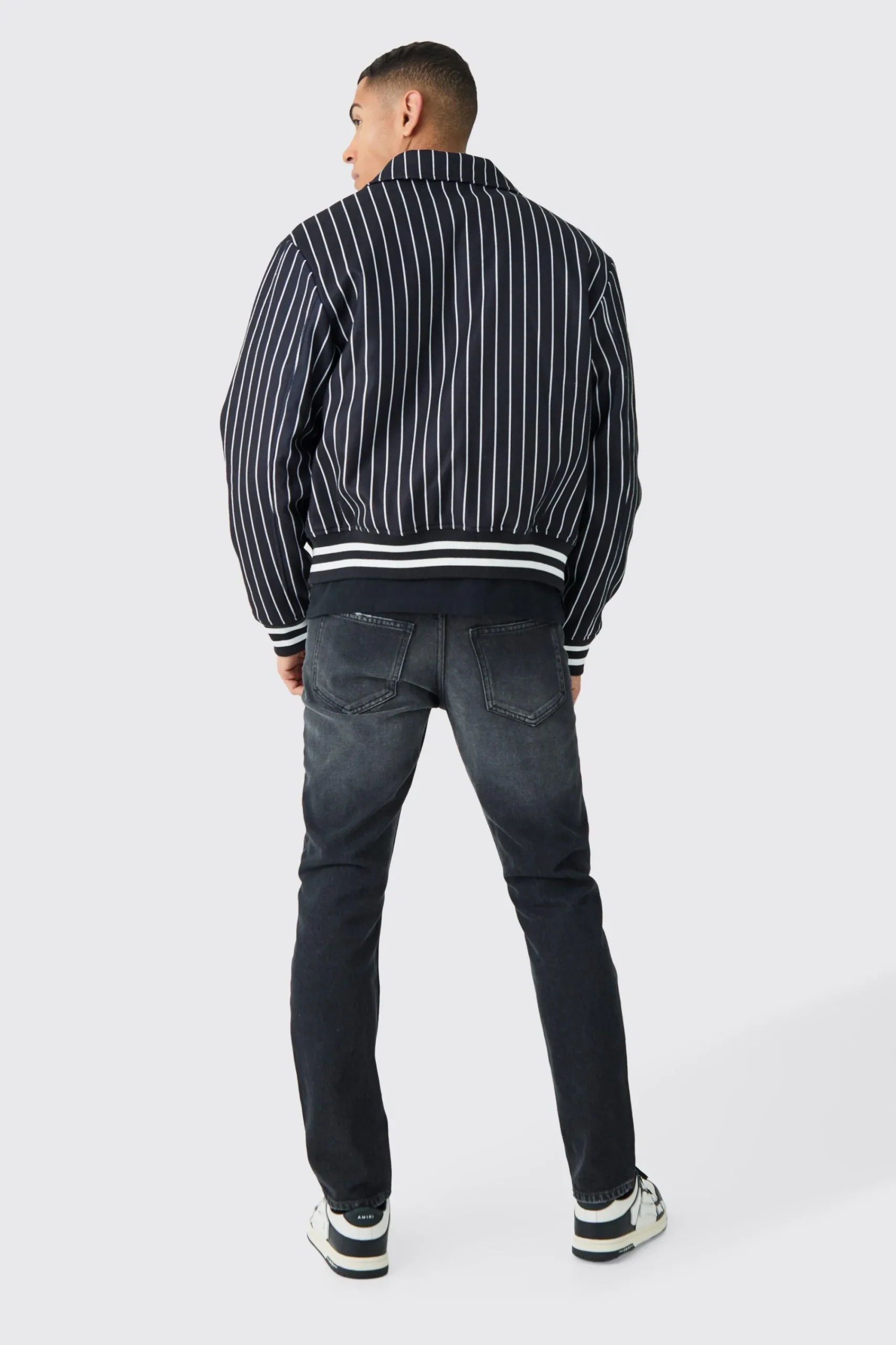 boohooMAN Official Pinstripe Varsity Bomber | UK| Coats & Jackets