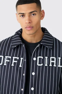 boohooMAN Official Pinstripe Varsity Bomber | UK| Coats & Jackets