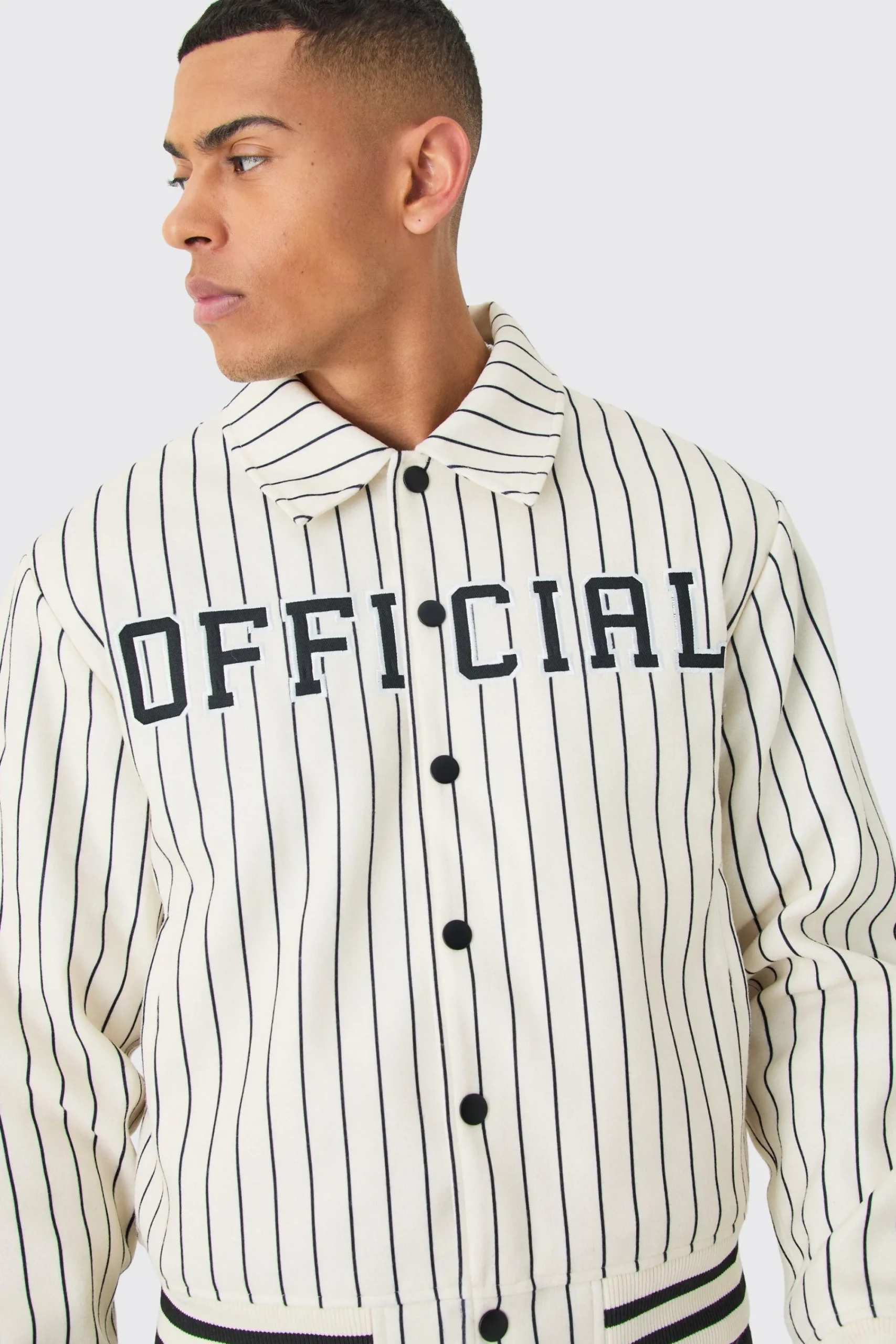 boohooMAN Official Pinstripe Varsity Bomber | UK| Coats & Jackets