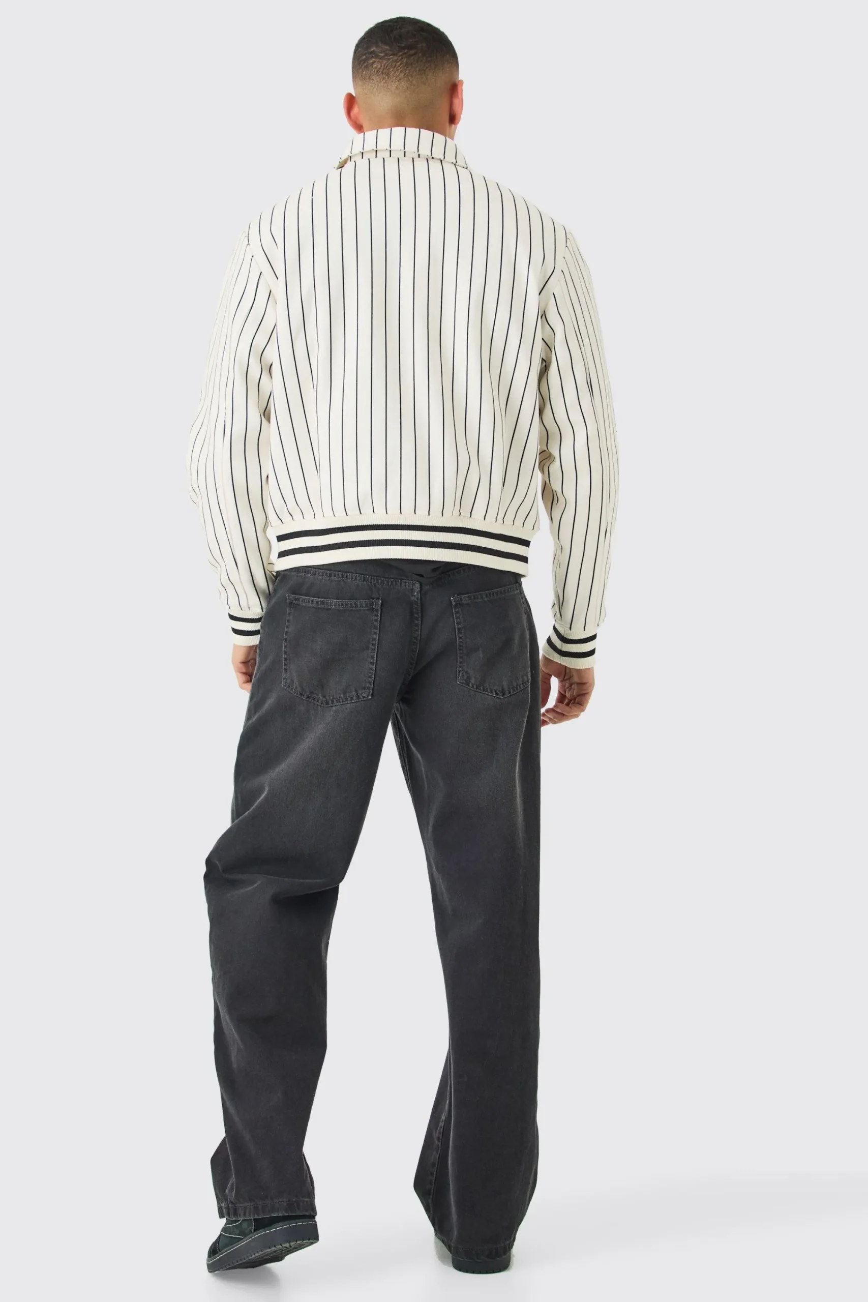 boohooMAN Official Pinstripe Varsity Bomber | UK| Coats & Jackets